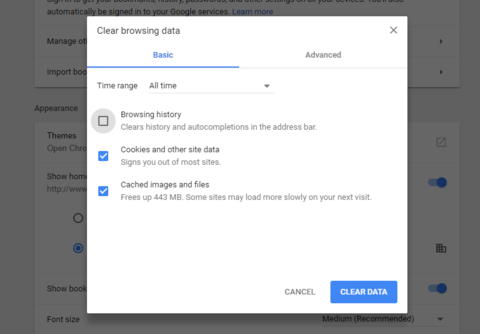 Opened clear browing data menu with All time, cookeis and other site data, and cached images and files selected