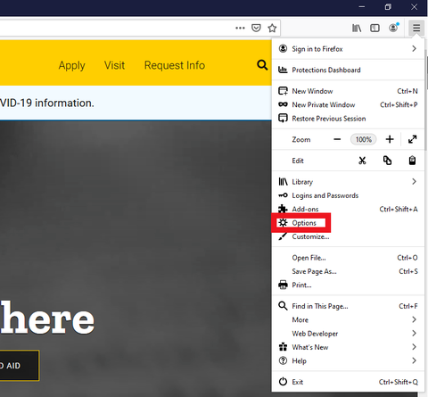 Options menu highlighted after choosing Open menu button in Mozilla Firefox