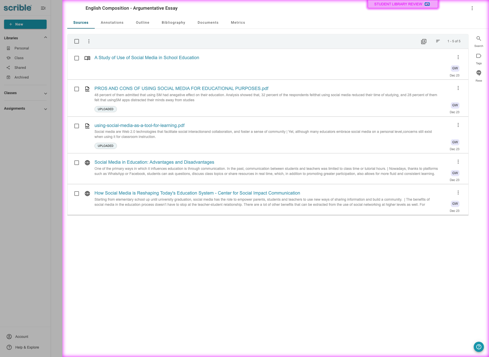IMAGE 05: Student Library Review mode with purple border indicator showing full student perspective