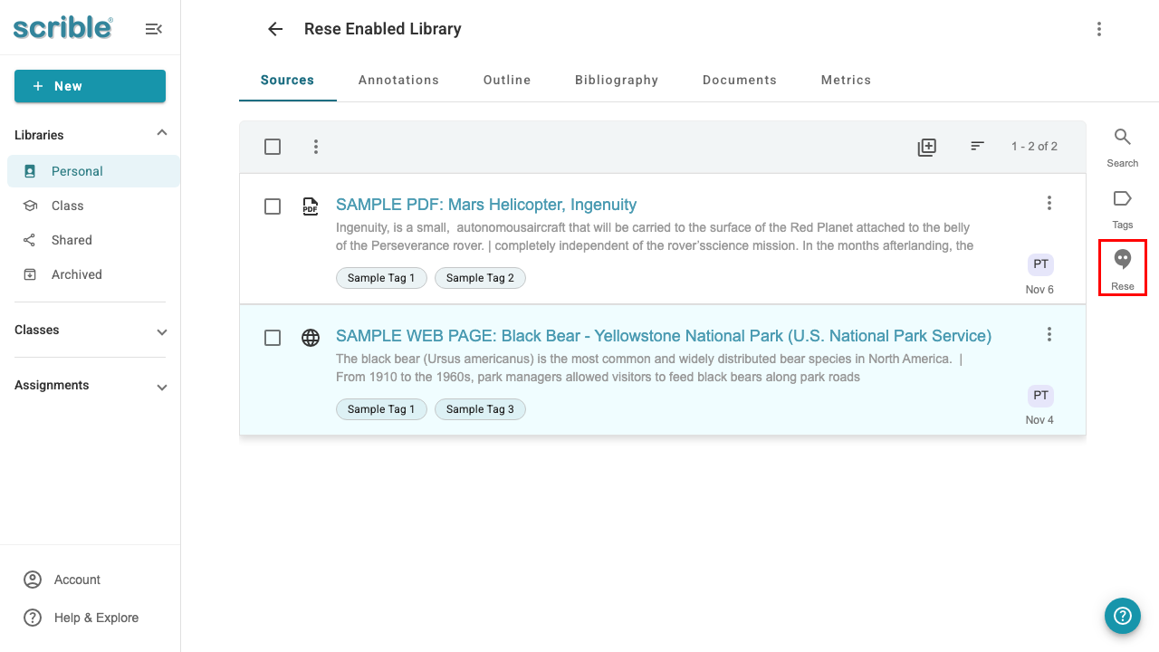 IMAGE 01: Library view showing the Rese button in the right sidebar