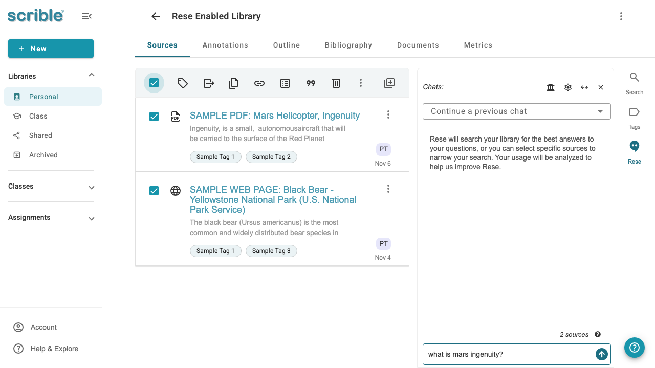 IMAGE 03: Typing a question in the Rese input field with a source selected