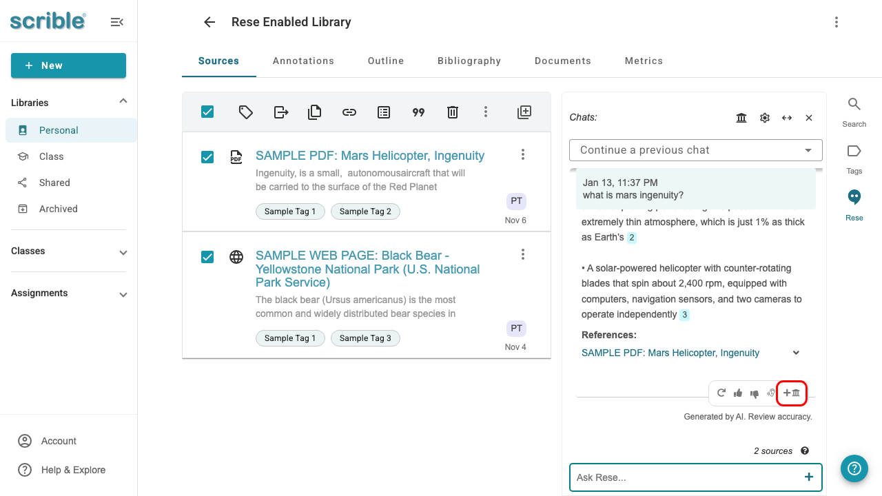 IMAGE 04: Rese response showing citations with Save to library button highlighted