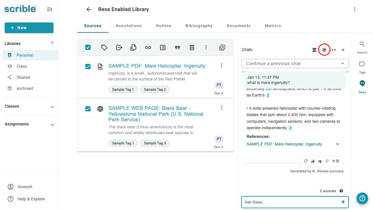 IMAGE 05: Settings icon highlighted in the Rese panel