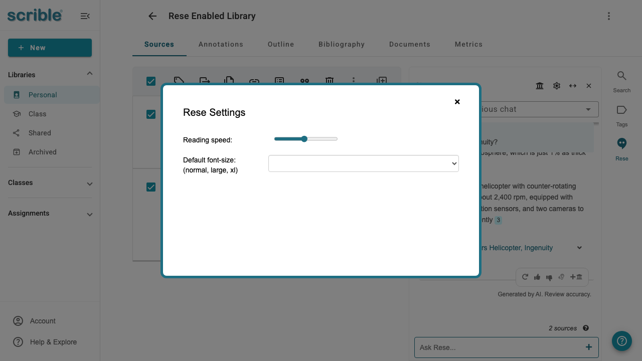 IMAGE 06: Rese settings dialog showing reading speed and font size options