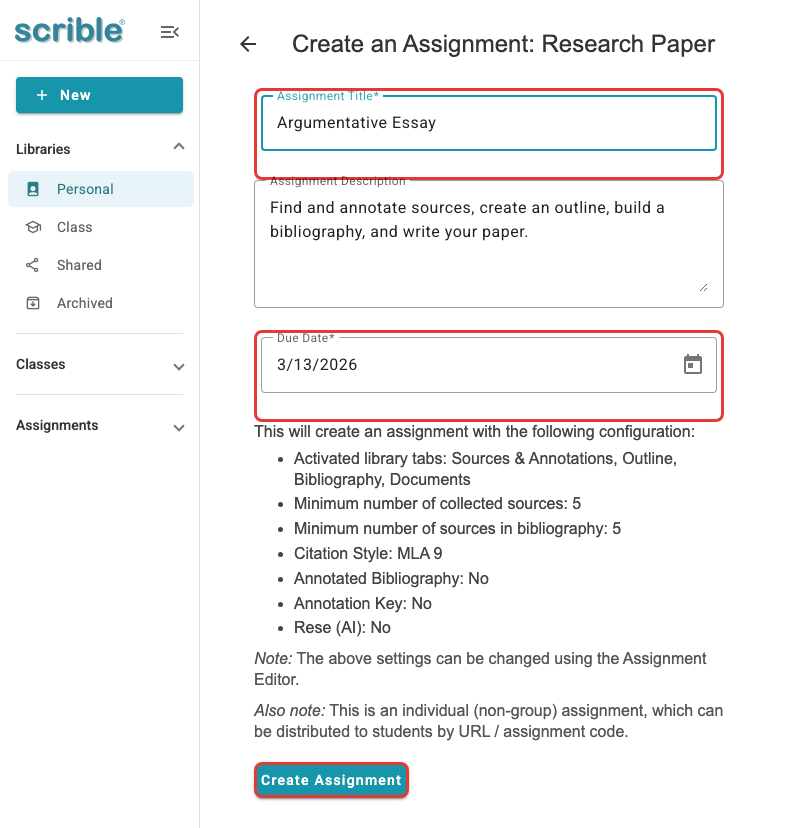 IMAGE 03: Quick Start form with red callouts highlighting Assignment Title field, Due Date field, and Create Assignment button