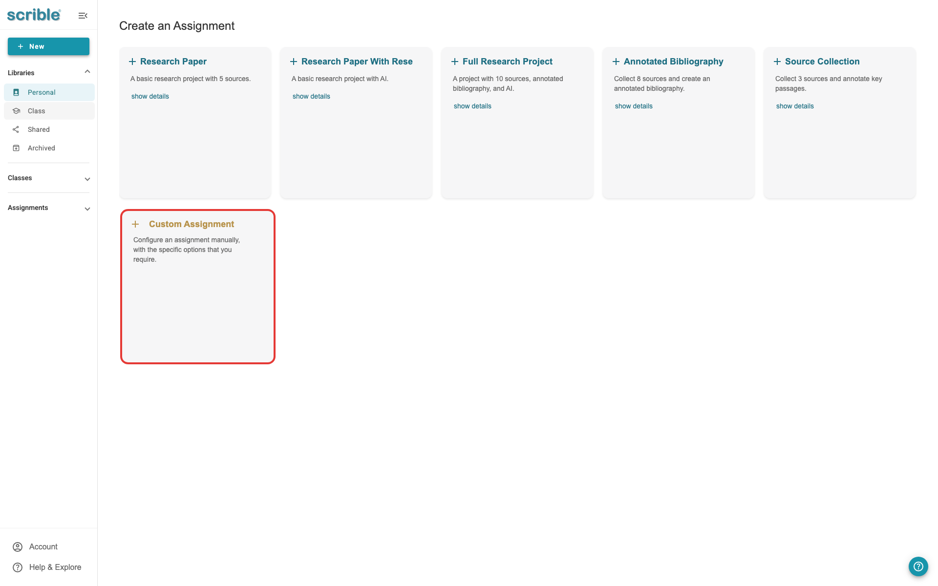 IMAGE 04: Template selection screen with Custom Assignment option highlighted with red callout