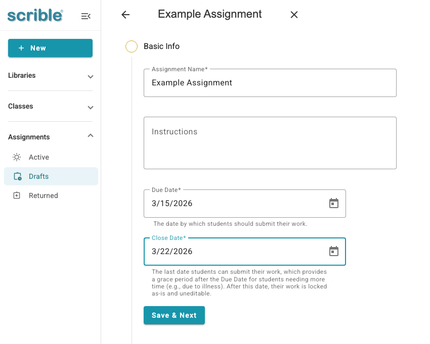 IMAGE 05: Assignment Basics screen with completed fields including title, description, due date, and close date