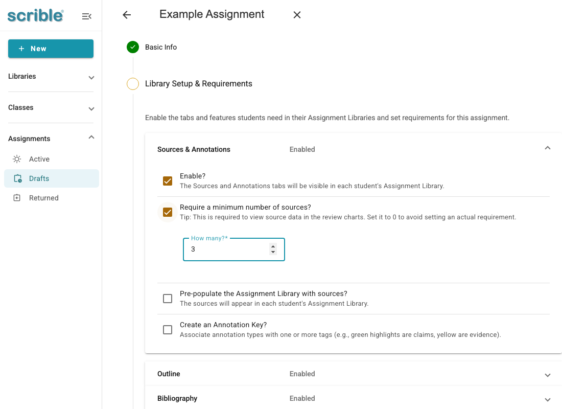 IMAGE 06: Library Setup screen with Sources & Annotations section expanded showing requirement options