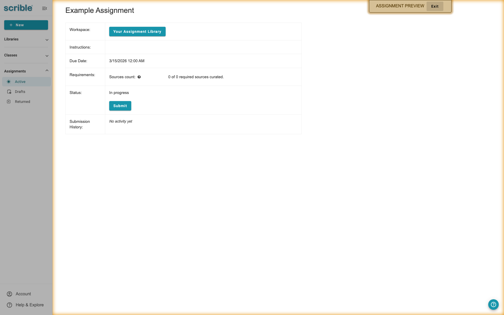 IMAGE 09: Student Preview showing assignment overview with gold banner at top