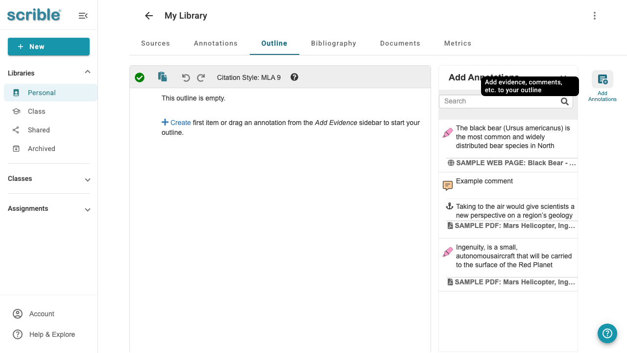 IMAGE 01: Screenshot showing the Outline tab with the Add Annotations panel open in the right sidebar