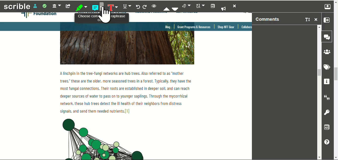 Clicking the comment icon, selecting text, and typing a comment in the sidebar