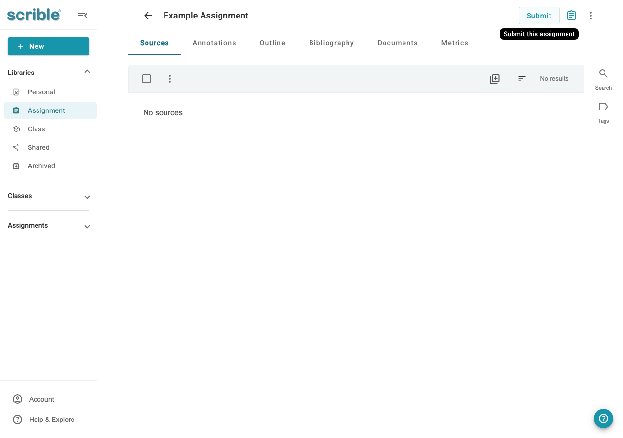 IMAGE 02: Assignment Library showing the Submit button in the top right corner