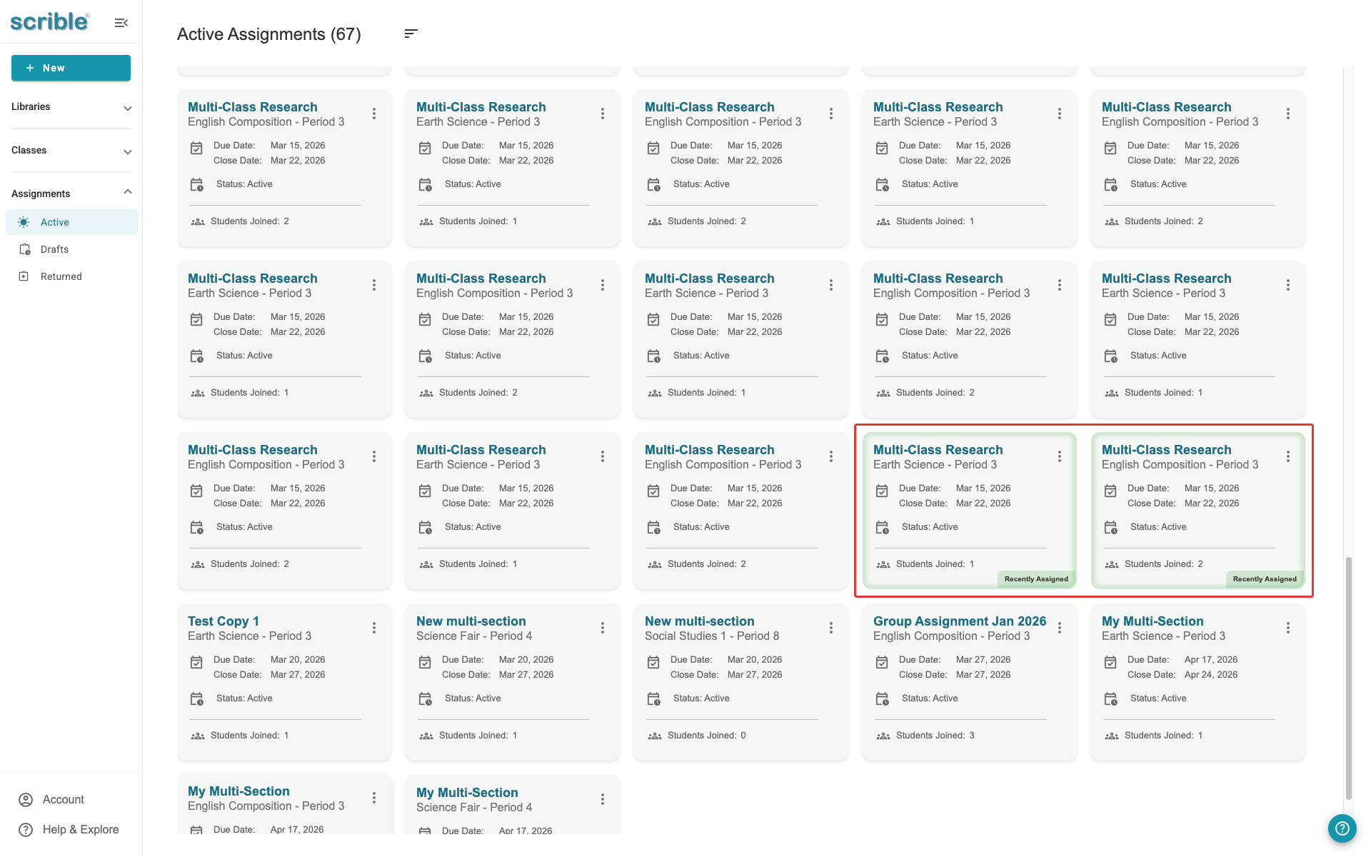 IMAGE 11: Active assignments page with green halo on newly created assignment cards