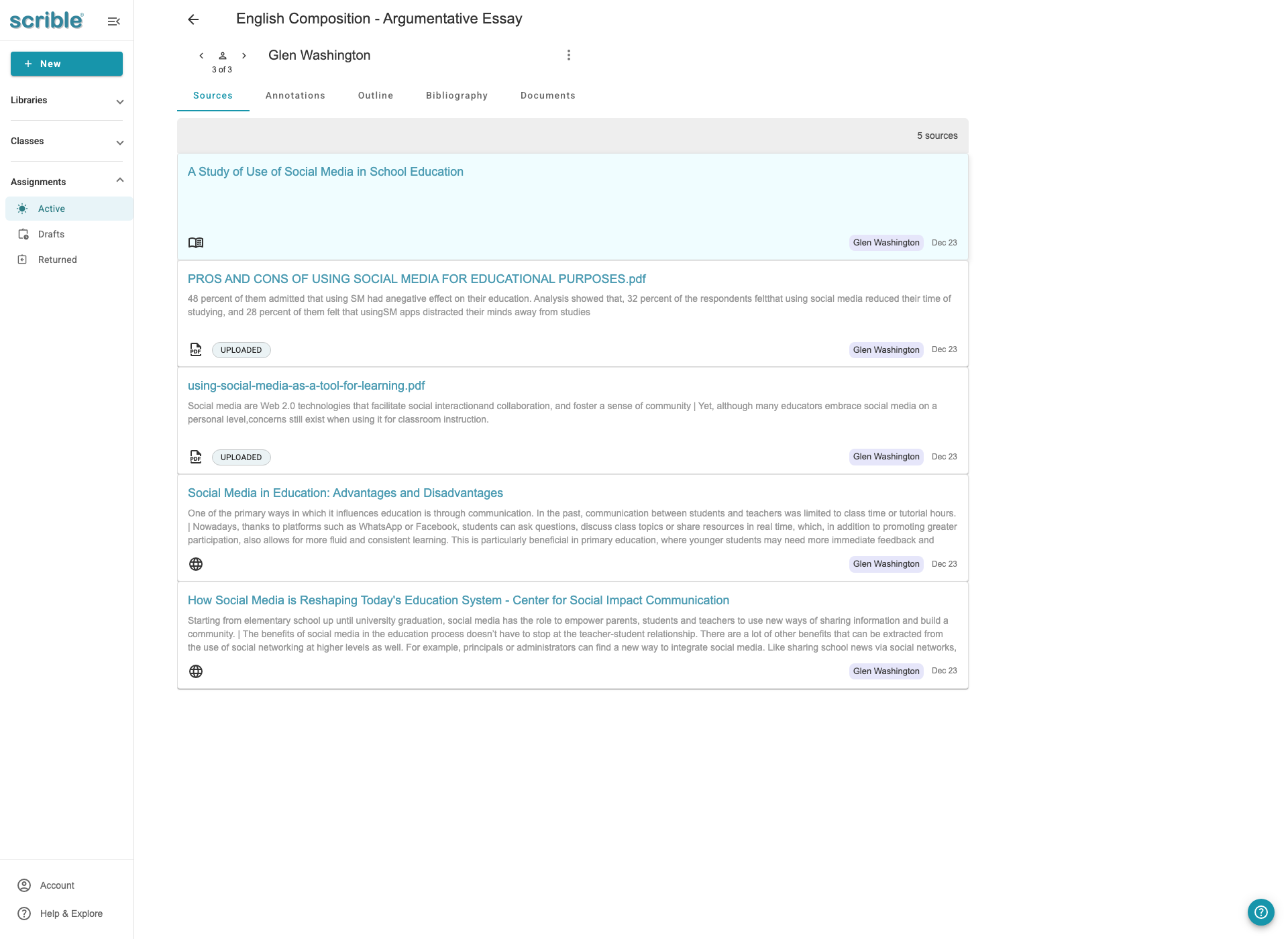 IMAGE 02: Assignment Library Review showing student sources with carousel navigation