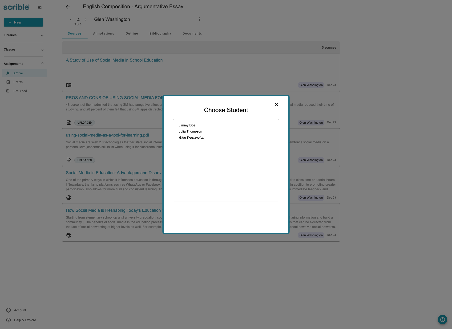 IMAGE 03: Student list dropdown showing all students in the assignment