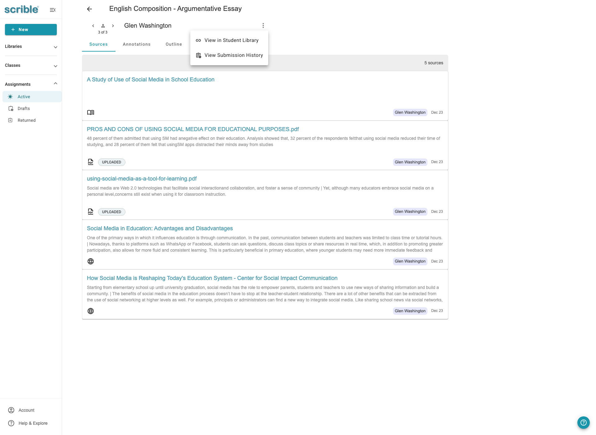 IMAGE 04: Kebab menu showing View in Student Library and View Submission History options
