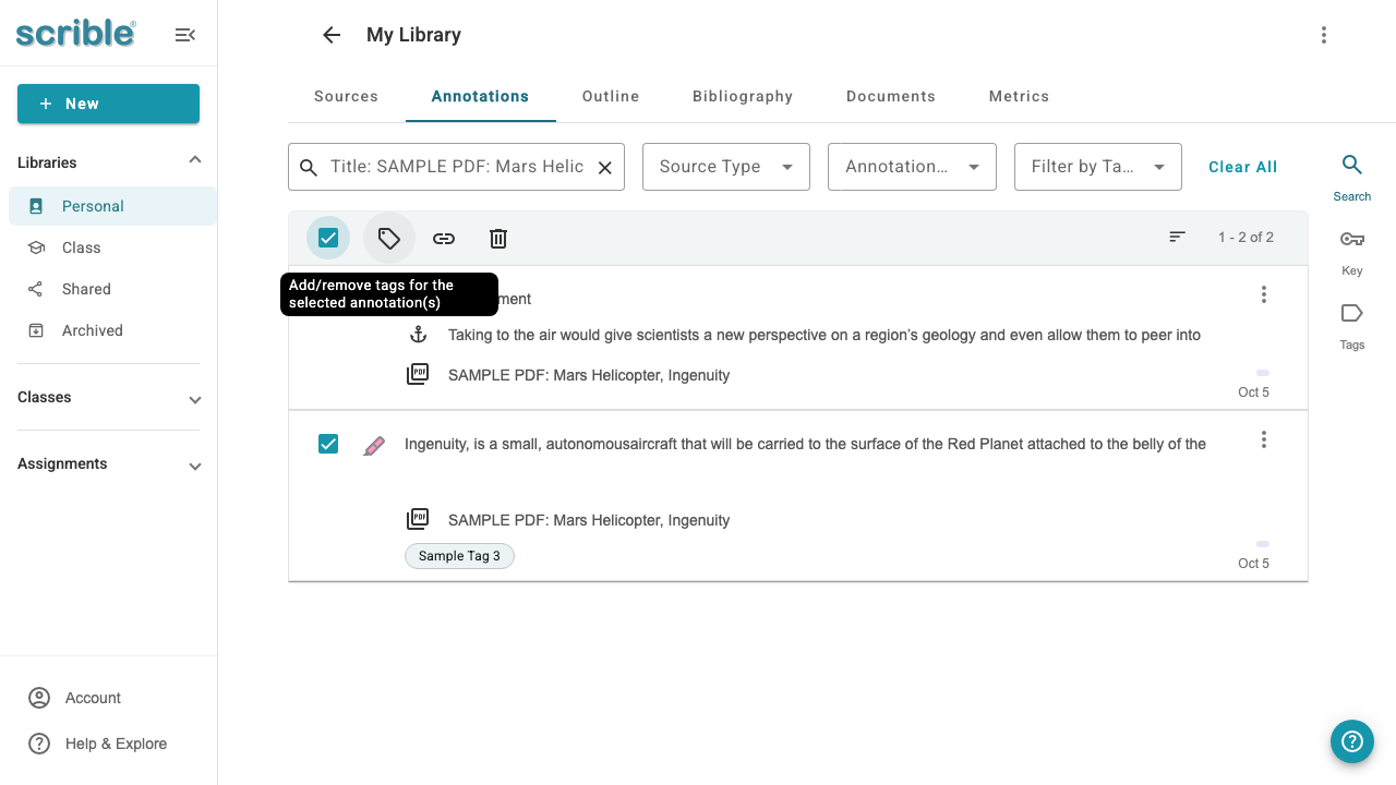 IMAGE 07: Both annotations selected with checkboxes, hovering on tag icon