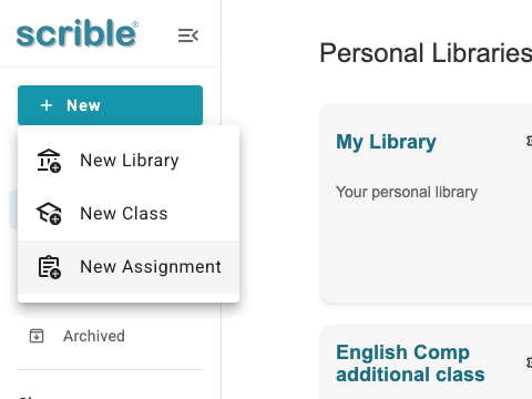 IMAGE 01: Scrible sidebar with New button menu open, highlighting New Assignment option