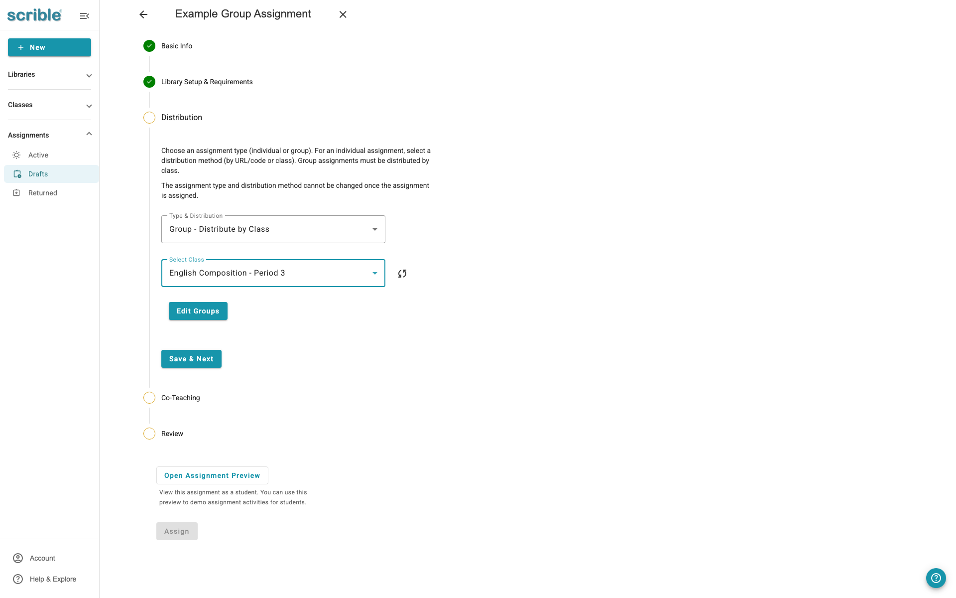 IMAGE 02: Assignment distribution section showing Group - distribute by Class selected with class dropdown visible