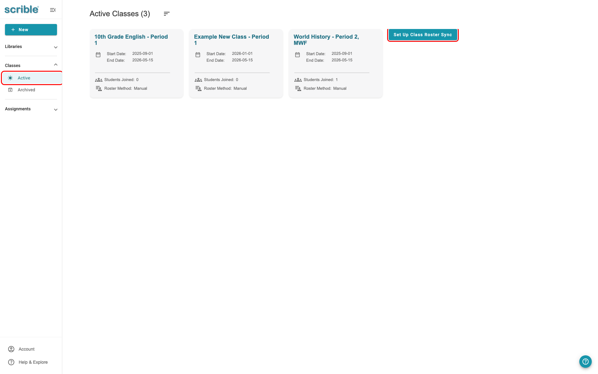 IMAGE 01: Active Classes screen with Set Up Class Roster Sync button visible