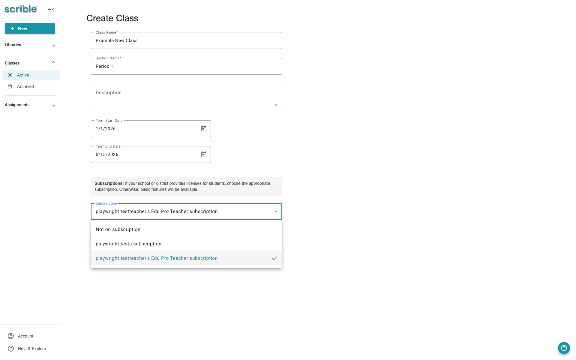 IMAGE 05: New Class form with example class information filled in