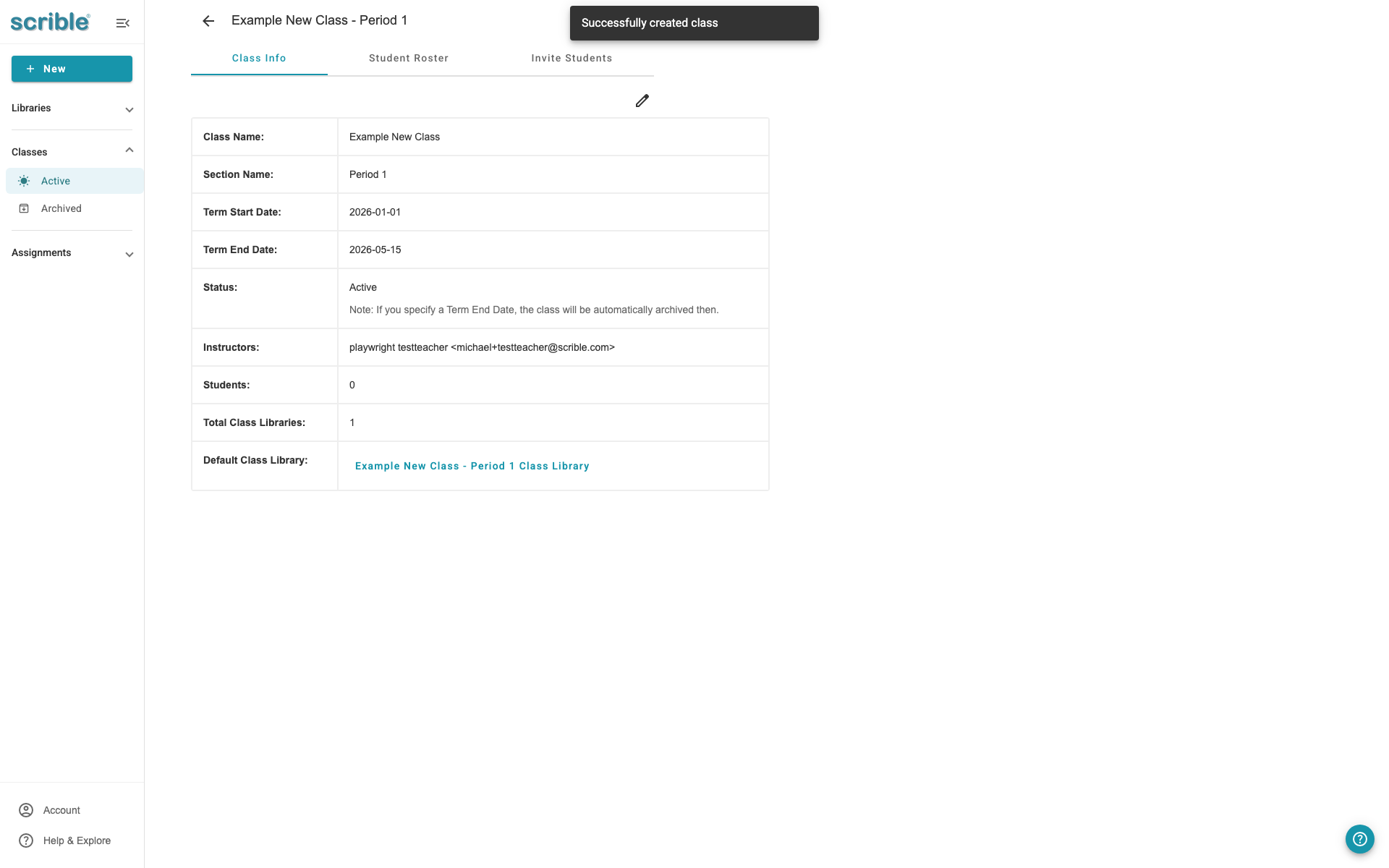 IMAGE 06: Class details page showing Class Info, Student Roster, and Invite Students tabs with class library information