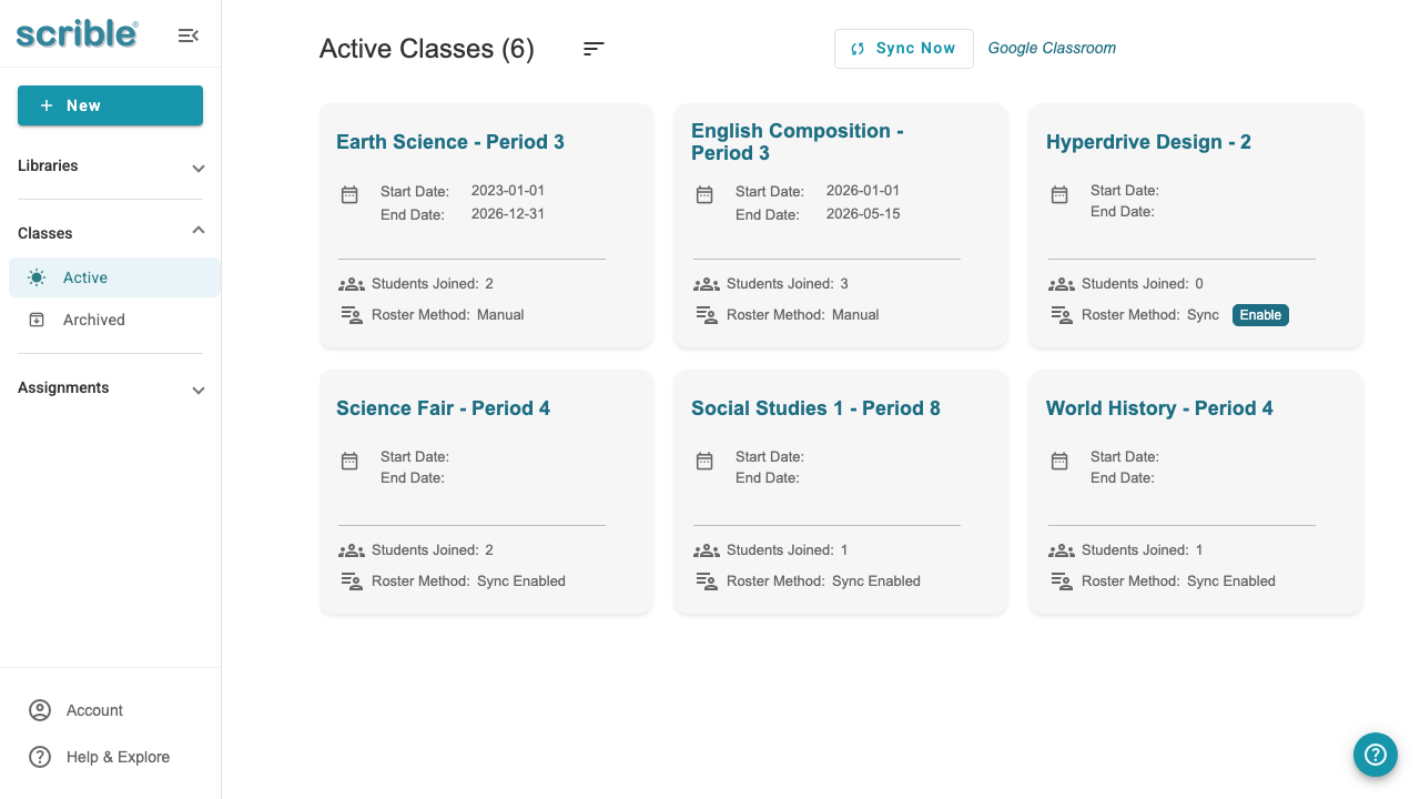 IMAGE 07: Active Classes list showing roster-synced classes with roster method information