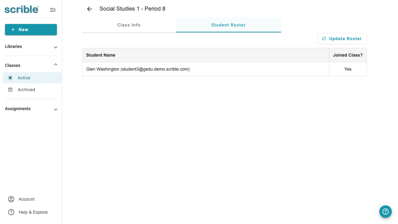 IMAGE 09: Roster-synced class Student Roster tab showing students and joined status