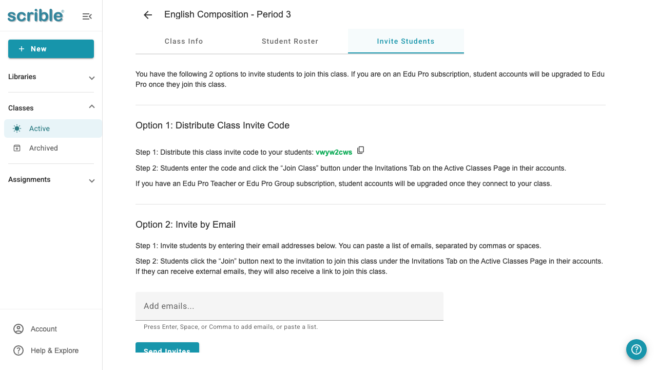 IMAGE 10: Manual class Invite Students tab showing email invite and class code options