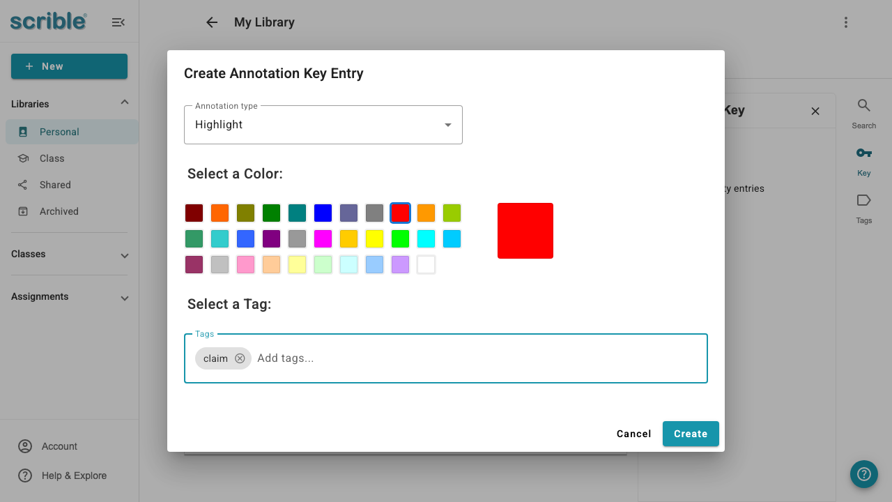IMAGE 02: Creating an annotation key entry with highlight type, color, and tag selected