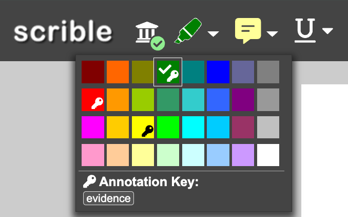 IMAGE 04: Highlighter toolbar showing annotation key associations with Evidence tag for green highlight