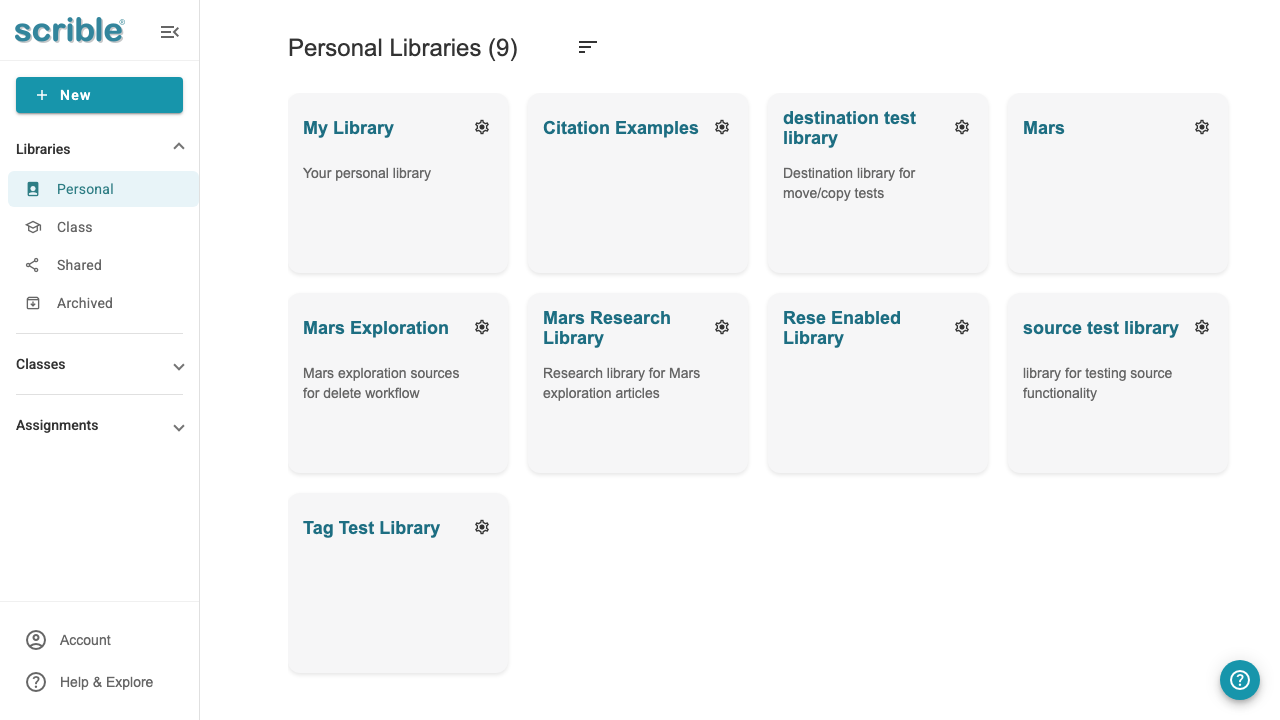 Left sidebar showing the Libraries section expanded with Personal Libraries, Class Libraries, Shared Libraries, and Archived 