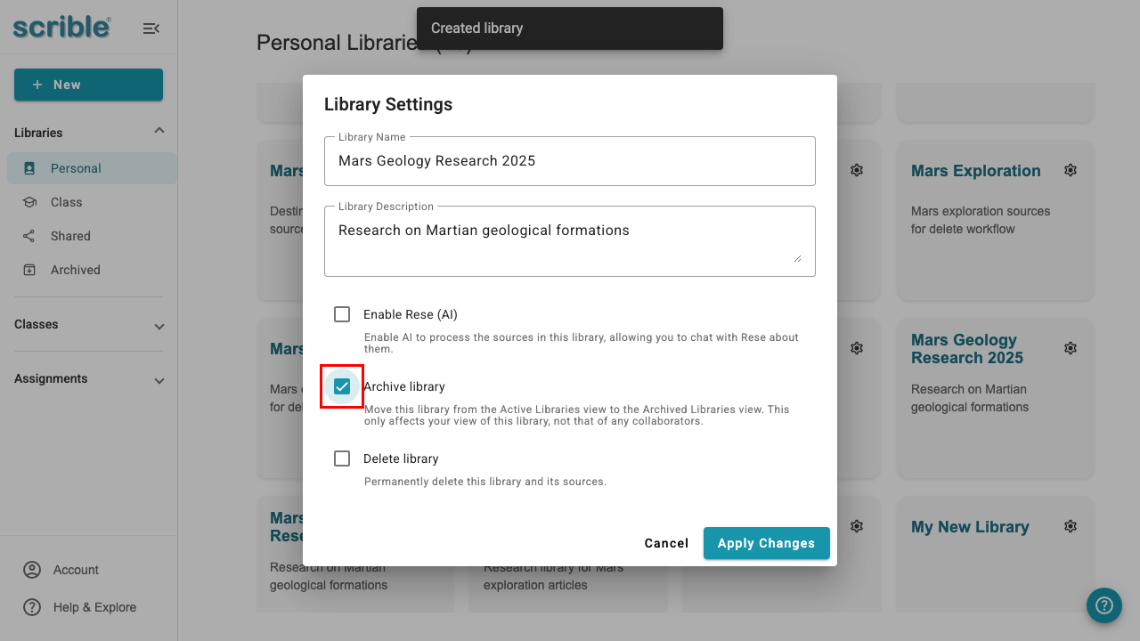 Default Writing Library IMAGE 01: Library Settings dialog with Archive library checkbox checked