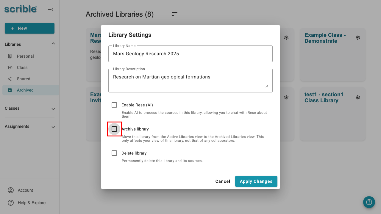 Strategy Library Reset Button IMAGE 03: Library Settings dialog with Archive library checkbox unchecked