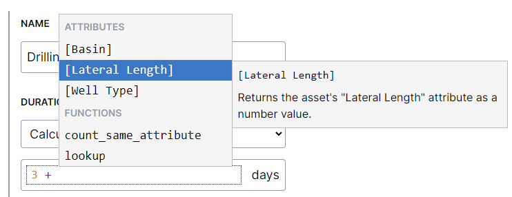 Attribute/function list in the formula editor