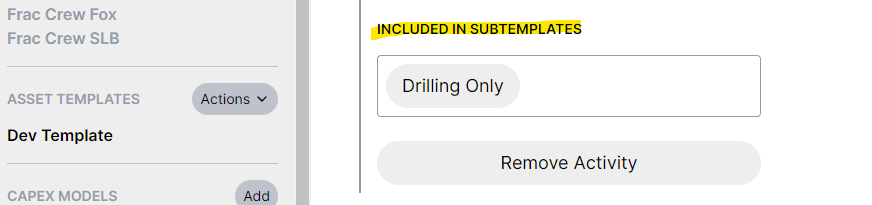 Selecting activities to include in subtemplate