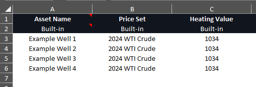 Importing price set and heating value per well