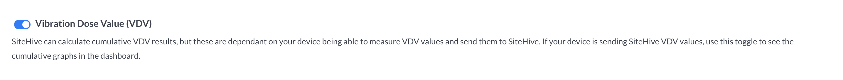 SiteHive Device Management Page with toggle to Vibration Dose Value graph if your vibration monitor is reporting those values