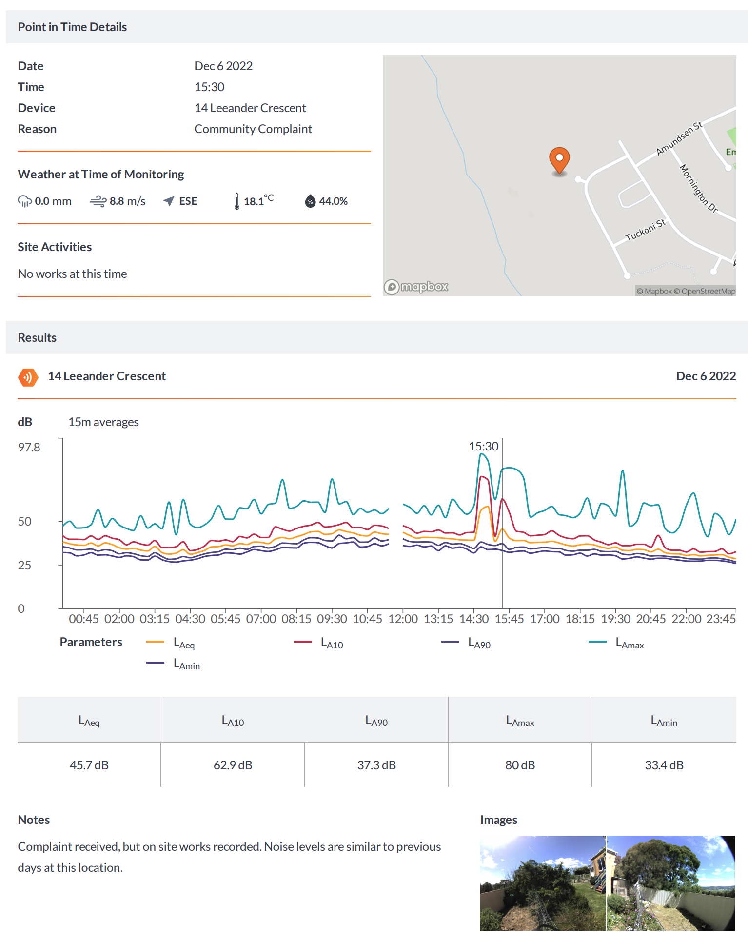 SiteHive Point in Time Report showing data for a specific time and location. An orange pin is shown on a map alongside weather data and contextual information like time and location. 15 minute aggregated noise data is shown on a graph including LAeq, LA10, LA90 and LAmax
