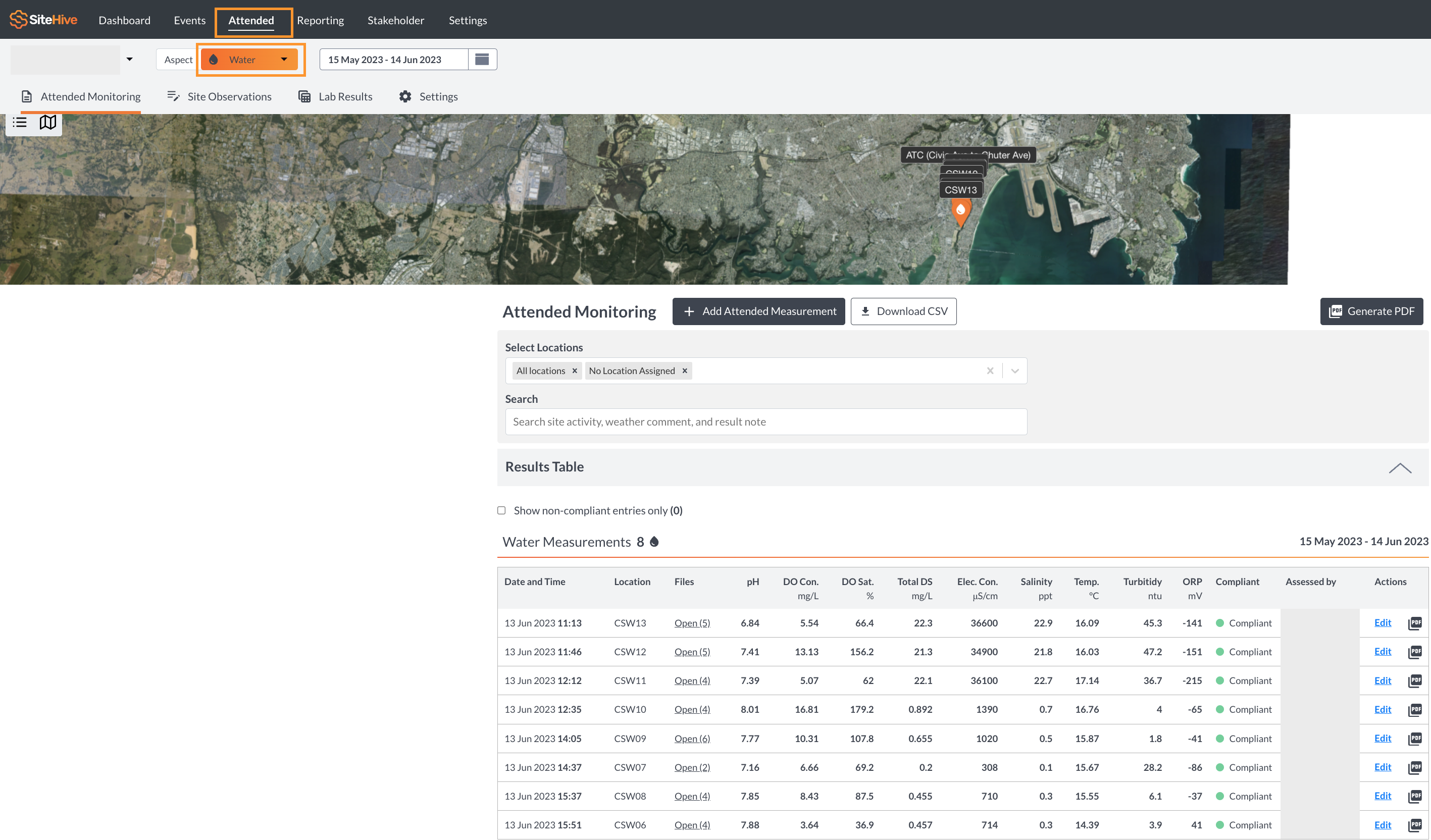 SiteHive Enviro Pro Attended Water Page with Attended tab and Water filter highlighted in orange. A map of sydney with orange pins with a water icon are dotted on a number of locations. A results table below shows different sets of attended water measurements including parameters like pH, electrical conductivity, salinity and turbidity. The measurements are marked as compliant