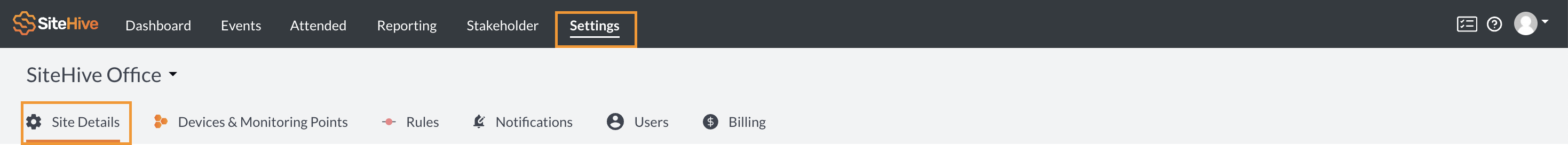 An image of the SiteHive Enviro Dashboard first and second menu bar. In this image 'Site Details' in the top menu bar has been highlighted and clicked. In the second menu bar beneath the project name 'Site Details' has been highlighted and clicked.