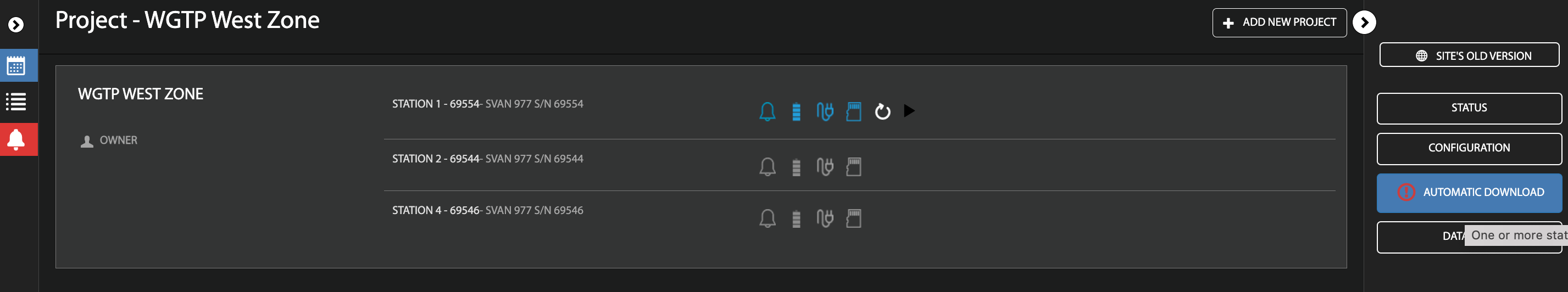 This image shows what the Svannet Configuration looks like when you've logged in. There is the project name on the top right hand corner and in the middle of the image there is a list of the Stations on that project. Next to each station name there is an alert icon, battery icon, connection icon and data icon. On the far right of the image there is a menubar that has Status, configuration, automatic download and data. In this image 'automatic download' has been highlighted to show where to click and automatically download data from your Svantek Station.