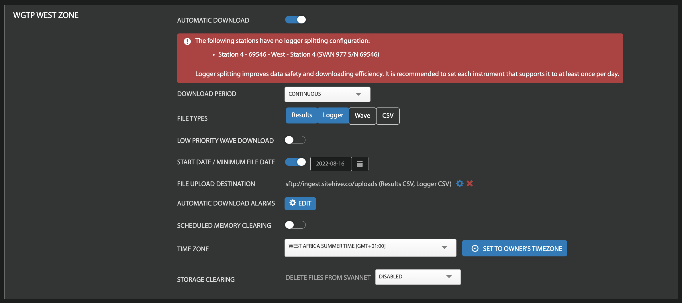 This image shows the automatic download page. It has the project name in the top left hand corner and then has the settings in the middle of the page which include: Automatic download toggle (on or off)- in the image it is toggled on, Download period which has a drop down. In the image 'continuous' has been selected. Under download period there is file types. There are four options - results, logger, wave, csv. The file types selected in the image is results and logger. Under file types is low priority wave download which you can toggle on or off. This is toggled off in the image. Under low priority wave download there is 'start date/ minimum file date' - Here you can select a date from the calendar which appears on the right hand side when it has been toggled on. Underneath is file upload destination which is - sftp://ingest.sitehive.co/uploads (results CSV, Logger CSV.) Underneath is automatic download alarms and an edit button next to it on the right hand side. Underneath that setting there is 'scheduled memory clearing' with an on or off toggle. In the image it is toggled off. Underneath is Timezone. There is a drop down menu for you to select your timezone. The final setting underneath is 'storage clearing' - This is where it deletes files from Svannet. In the image there is a drop down to disable or enable. It is disabled in the picture.