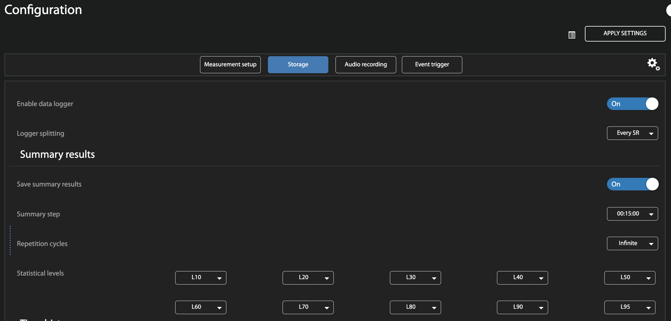 This image shows the page that you get directed to once you click 'edit station configuration' and go to the 'Storage' tab located on the top menubar of the configuration page. On the left hand side of the page there is 'enable data logger' which you will want to toggle on, on the left hand side. Then back to the left hand side there is 'logger splitting' which you can set on the left hand side and need to choose 'Every SR' from the drop down. On the left hand side under logger splitting there is a heading called 'Summary Results.' Underneath summary results there is 'Save Summary results.' On the right hand side toggle that to 'on.' Underneath save summary results there is summary step. There is a dropdown in the image on the right hand side and that has been selected as 15 minutes. Under summary step there is 'repetition cycles.' There is a dropdown to choose from on the left hand side of the page. 'Infinite has been selected.' Under repetition cycles on the left hand side there is 'Statistical levels.' In the image it shows that L10, L20, L30, L40, L50, L60, L70, L80,L90 AND L95 have been selected.   
