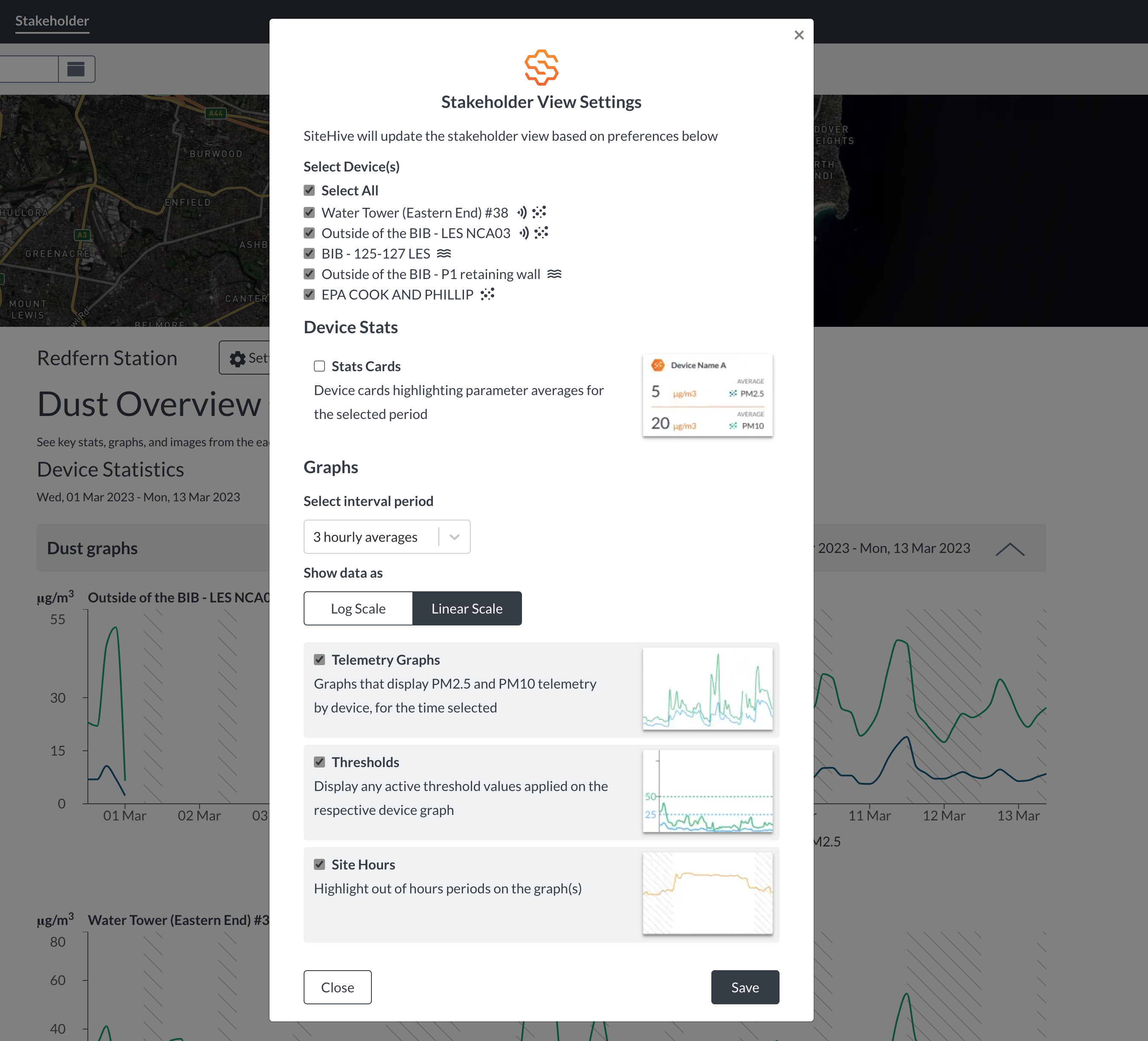 This image is of Stakeholder settings page. There is a section to select devices, toggle on or off stat cards, a graph section where you can choose interval periods, an option to show data as log scale or linear scale and the final section where you can toggle on or off telemetry graphs, thresholds and site hours. Below that in the bottom left corner is a 'close' button and to the right a 'save' button.