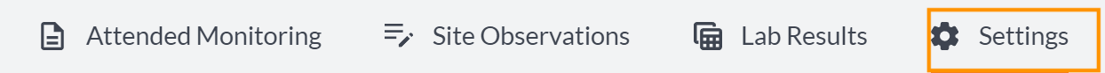 This image shows the menubar that appears when you click the 'Attended' tab in the top menubar of SiteHive Enviro. The menubar pictured has attended monitoring, site observations, lab results and settings. In the image 'settings' has been highlighted.