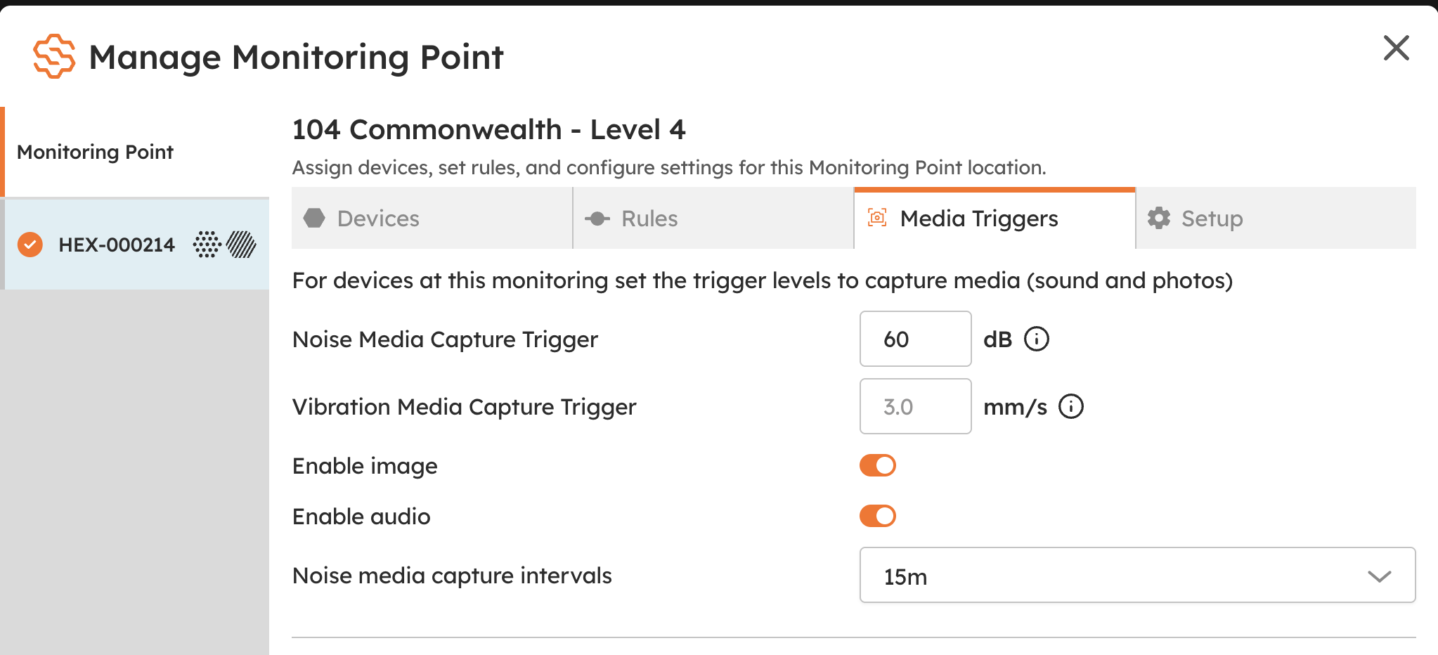 The Media Triggers tab in the Manage Monitoring Point window: noise and vibration capture trigger levels, image and audio toggles, and the noise media capture interval.