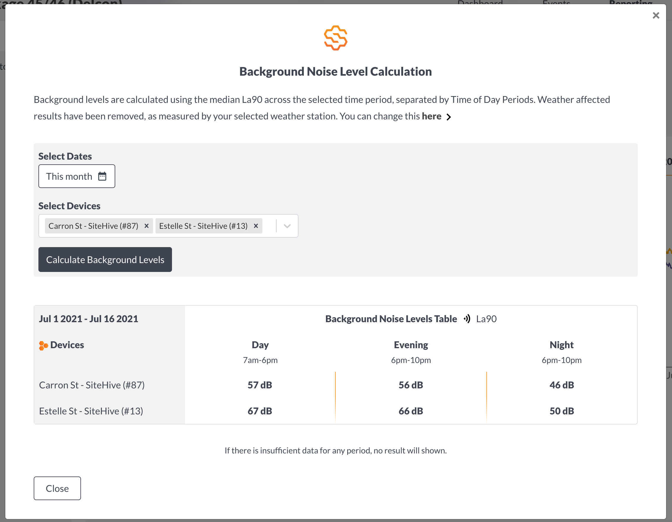 SiteHive Background Noise Level Calculation window where users can use data from sound level meters integrated to SiteHive to calculate Day, Evening and night Background Noise Levels at each device location based on NSW Noise Policy for Industry 