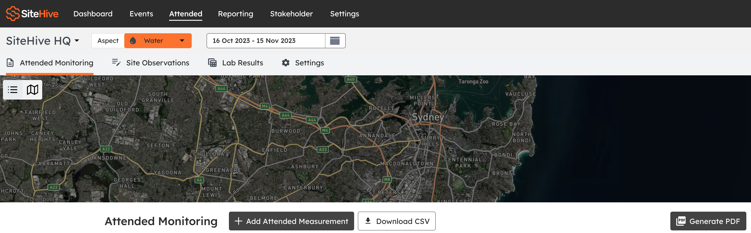 Picture of the SiteHive Enviro Pro dashboard. The attended tab has been selected and within the attended tab the attended monitoring tab has been selected and is displayed.