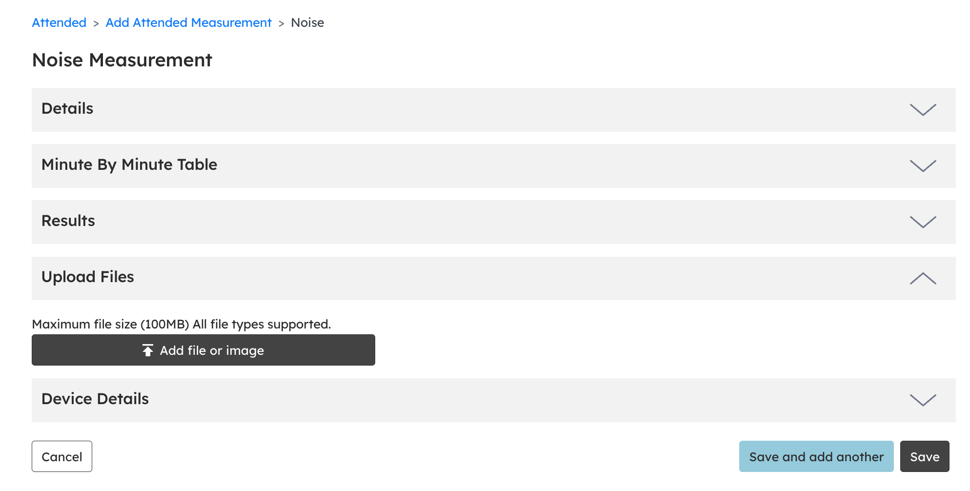Image of the attended noise measurement form with the 'upload files' drop down clicked and upload file button highlighted.